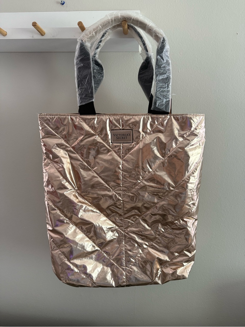 Victoria's Secret Shimmering Rose Gold Tote with Black Handles NWT